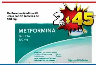 Bodega Aurrerá Metformina medimart® • caja con 30 tabletas de 500 mg oferta
