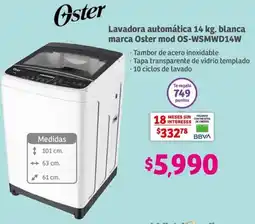 Soriana Híper Oster Lavadora automática 14 kg. blanca marca Oster mod OS-WSMWD14W oferta