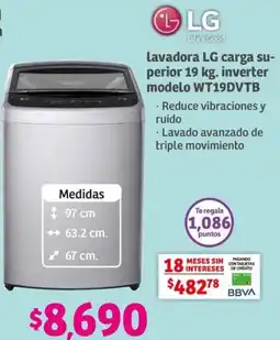 Soriana Híper Lavadora LG carga su- perior 19 kg. inverter modelo WT19DVTB oferta