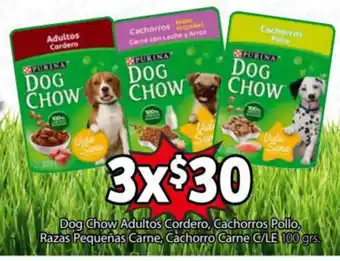 Dog Chow Adults Cordero, Cachorros Pollo, Razas Pequeñas Carne, Cachorro CArne C/LE 100grs