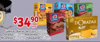 Galletas Barras de Coco 468grs/ Doradas 513grs/ Maravillas 464grs/ Ricanelas 452grs/ Hawaianas 450grs