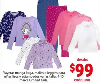 Soriana Express Playeras, Manga Larga, Mallas o Leggins para Niñas Lisos y Estampados Varias Tallas 4-10 Marca Limited Girls oferta