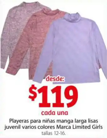 Soriana Express Playeras para Niñas Manga Larga Lisas Juvenil Varios Colores Marca Limited Girls oferta