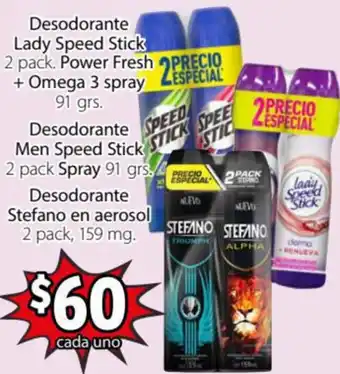 Desodorante Lady Speed Stick/ Power Fresh + Omega 3 Spray 91grs/ Desodorante Men Speed Stick Spray 91grs