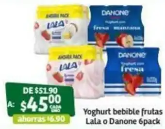 Soriana Súper Yoghurt Bebible Frutas Lala o Danone 6pack oferta