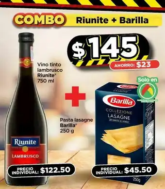 Bodega Aurrerá Vino tinto riunite + pasta lasagne barilla 250 g oferta
