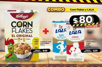 Bodega Aurrerá Cereal de maiz corn flakes 530 g + leche entera lala oferta