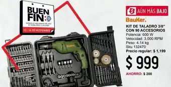 Sodimac Homecenter Kit taladro 3/8 perc 600w 3000rpm vvr 90acc bauker oferta