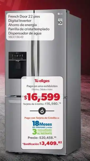 Sam's Club French Door 22 Pies Digital Inverter Ahorro de energia Parrilla de Cristal Templado Dispensador de Agua oferta
