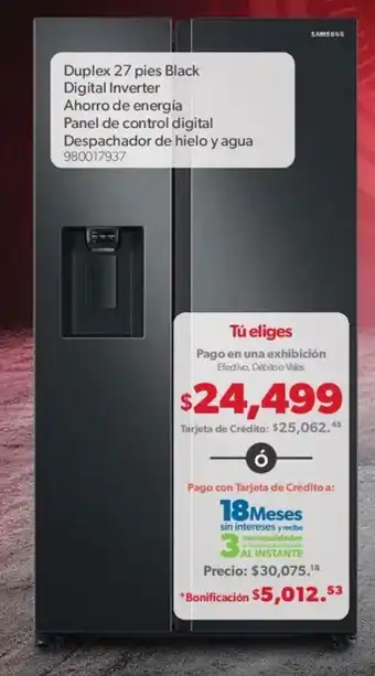 Sam's Club Duplex 27 Pies Black Digital Inverter Ahorro de Energia Panel de Control Digital Despachador de Hielo y Agua oferta