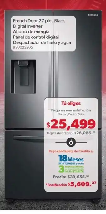 Sam's Club French Door 27 Pies Black Digital Inverter Ahorro de Energia Panel de Control Digital Despachador de Hielo y Agua oferta