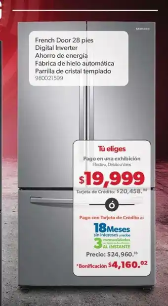 French Door 28 Pies Digital Inverter Ahorro de Energia Fabrica de Hielo Automatica Parrilla de Cristal Templado