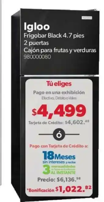 Sam's Club Igloo Frigobar Black 4.7 Pies 2 Puertas Cajon para Frutas y Verduras oferta