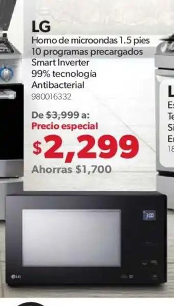 LG - Homo de Microondas 1.5 pies 10 Programas Precargados Smart Inverter 99% Tecnologia Antibacterial