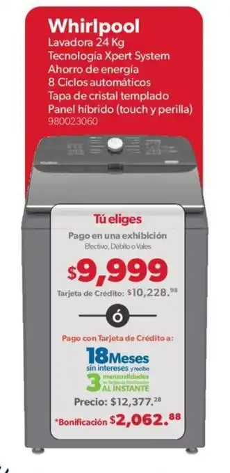 Sam's Club Whirlpool Lavadora 24 kg Tecnologia Xpert System Ahorra de Energia 8 Ciclos Automaticos Tapa de Cristal Templado 980023060 oferta
