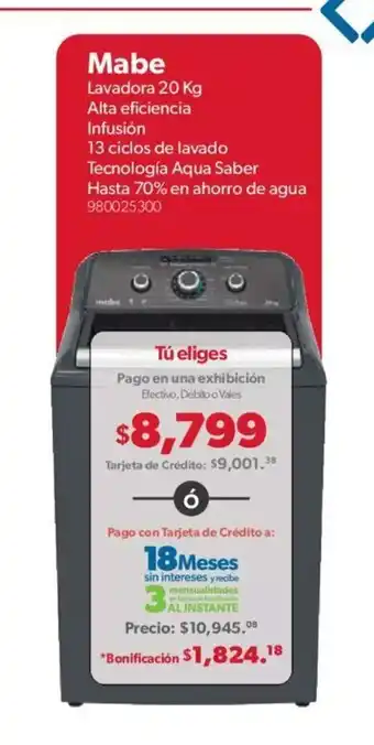 Mabe Lavadora 20kg Alta Eficiencia Infusion 13 Ciclos de Lavado Tecnologia Aqiua Saber Hasta 70% en Ahorro de Agua 980025300