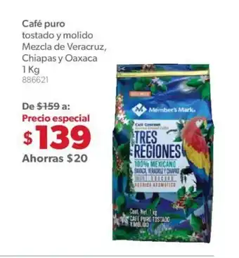 Sam's Club Cafe Puro Tostado y Molido Mezcla de Veracruz Chiapas y Oaxaca 1kg oferta