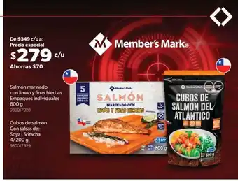 Sam's Club Salmon Marinado Con Limon y Finas Hierbas Empaques Individuales 800g / Cubos de Salmon Con Salsas de: Soya /Sriracha 4/200g oferta