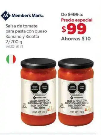 Member's Mark Salsa de Tomate para Pasta Con Queso Romano y Ricotta 2/700g