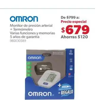 Omron - Monitor de Presion arterial + Termometro Varias Funciones y Memorias 5 Años de Garantia