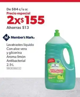 Sam's Club Member's Mark Lavatrastes Liquido Con Aloevera y Glicerina Aroma Limon ANtibacterial 2.9L oferta