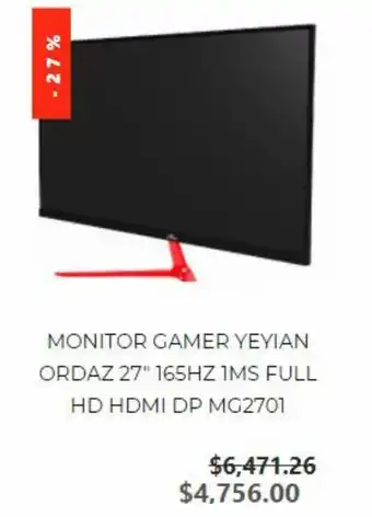 Monitor Gamer Yeyian Ordaz 27" 165HZ 1MS Full HD HDMI DP MG2701