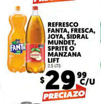 Merco Refresco Fanta, Fresca, Joya, Sidral Mundet, Sprite o Manzana Lift 2.5lts oferta