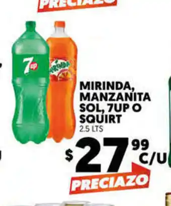 Merco Mirinda, Manzanita Sol, 7Up o Squirt 2.5lts oferta