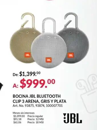 Bocina JBL Bluetooth Clip 3 Arena, Gris Y Plata