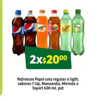 Refrescos Pepsi Cola Regular o Light, Sabores 7 Up, Manzanita, Mirinda o Squirt 600ml pet