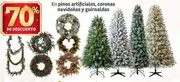 En pinos artificiales, coronas navideñas y guirnaldas
