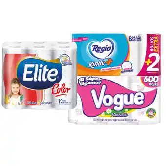 Higiénico ·vogue 600hd 4 rollos ó ·elite color 200hd 12 rollos ó ·regio rinde más 300hd 8 rollos a escoger