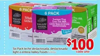 Soriana Mercado Six Pack Leche Deslactosada, deslactosada light o entera Valley Foods 6 Litros oferta