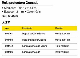 Reja protectora granada (hoja 0.915 x 2.44 mts.)