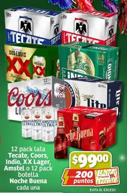 Soriana Híper 12 pack lata Tecate, Coors, Indio, XX Lager, Amstel o 12 pack botella Noche Buena cada una oferta