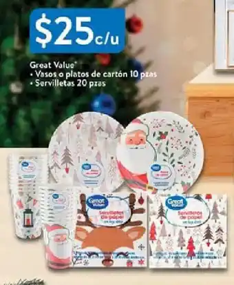 Walmart Great Value Vasos o platos de cartón 10 pzas, Servilletas 20 pzas oferta