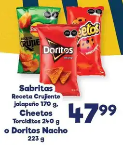 S-Mart Sabritas Receta Crujiente jalapeño 170 g, Cheetos Torciditos 240 g o Doritos Nacho 223 g oferta