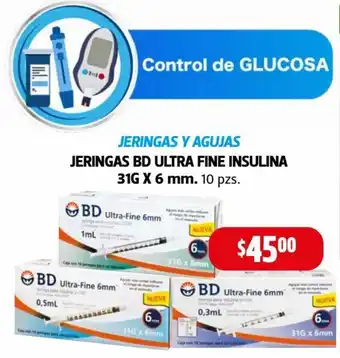Farmacias Guadalajara Jeringas Y Agujas Jeringas BD Ultra Fine Insulina 31g x 6mm 10pzs oferta