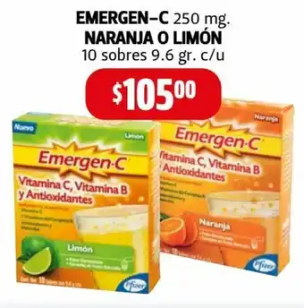 Farmacias Guadalajara Emergen-C 250mg, Naranja O Limó 10 Sobres 9.6gr oferta