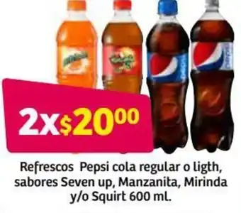 Soriana Híper Refrescos Pepsi Cola Regular o Light, Sabores Seven Up, Manzanita, Mirinda y/o Squirt 600ml oferta