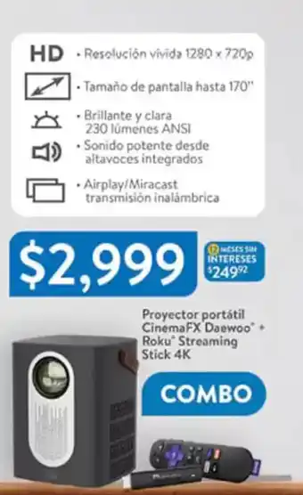 Walmart Proyector portátil CinemaFX Daewoo + Roku Streaming Stick 4K oferta