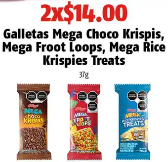 Galletas Mega Choco Krispis, Mega Froot Loops, Mega Rice Krispies Treats 37g