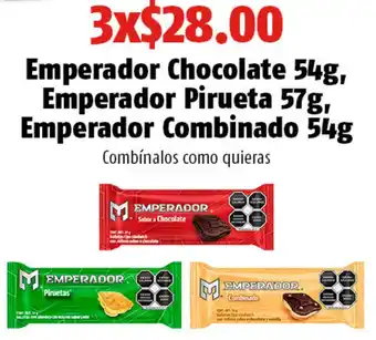 OXXO Emperador Chocolate 54g, Emperador Pirueta 57g, Emperador Combinado 54g oferta
