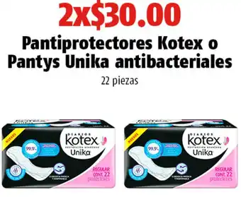 Pantiprotectores Kotex o Pantys Unika Antibacteriales 22 piezas