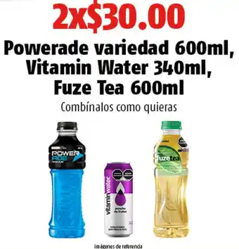 Powerade Variedad 600ml, Vitamin Water 340ml, Fuze Tea 600ml