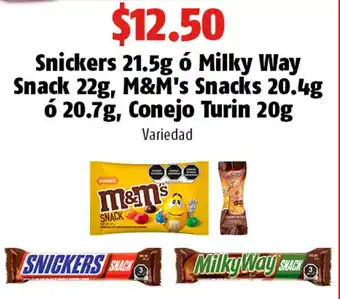 OXXO Snickers 21.5g ó Milky Way Snack 22g, M&M's Snacks 20.4g ó 20.7g, Conejo Turin 20g oferta