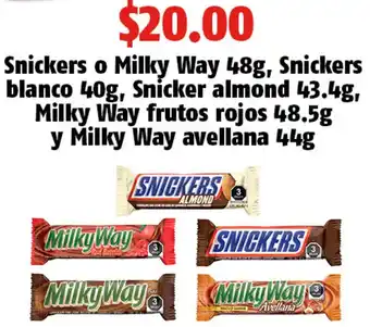 OXXO Snickers o Milky Way 48g, Snickers Blanco 40g, Snicker Almond 43.4g, Milky Way Frutos Rojos 48.5g y Milky Way Avellana 44g oferta