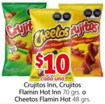 Soriana Híper Crujitos Inn, Crujitos Flamin Hot Inn 70grs o Cheetos Flamin Hot 48grs oferta