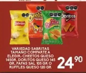 Variedad Sabritas Tamano Comparte A Elegir, Cheetos Queso 145gr, Doritos Queso 145gr, Papas Sala 105 gr o Ruffles Queso 120 g