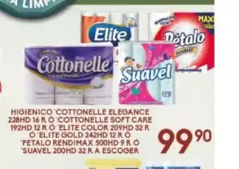 Higienico Cottonelle Elegance 228HD 16R o Cottonelle Soft Care 192HD 12R o Elite Color 209HD 32R o Elite Gold o Petalo etc